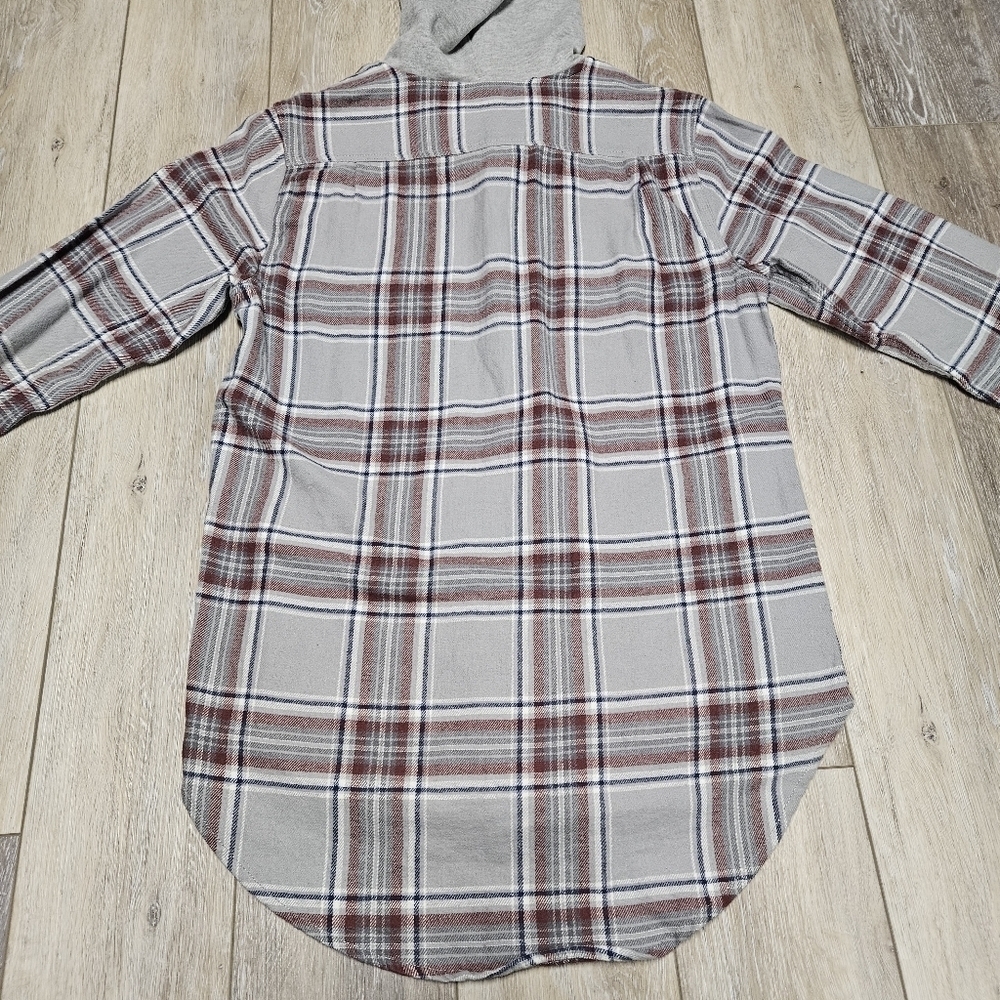 Pacsun Hooded Grey Plaid Button Up Oversize Flannel Shacket Jacket Womens Small - Picture 4 of 13